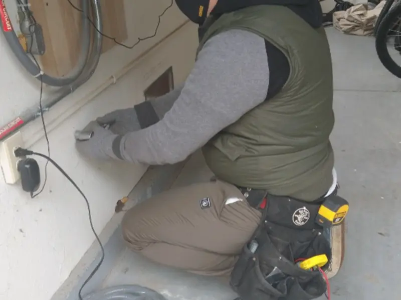 Electrician performing outlet wiring in a Columbia City garage